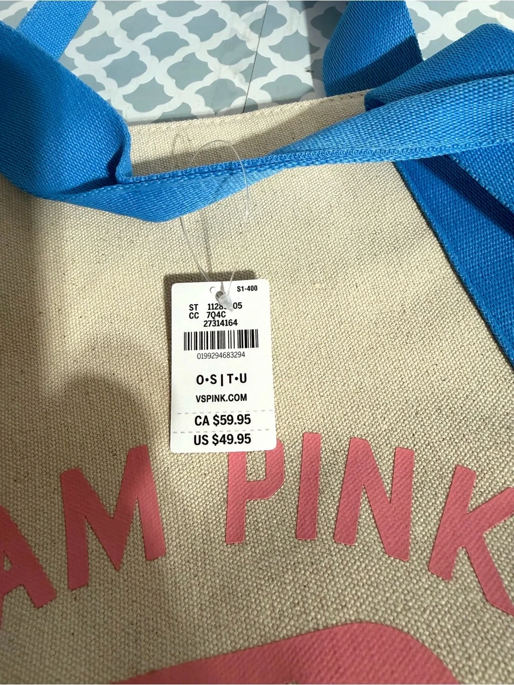 PINK Victoria's Secret Team Pink Canvas Tote in Natural, Pink & Blue